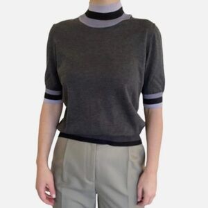 COS Grey HIGHNECK Silk Cotton Top With Purple Contest Trim